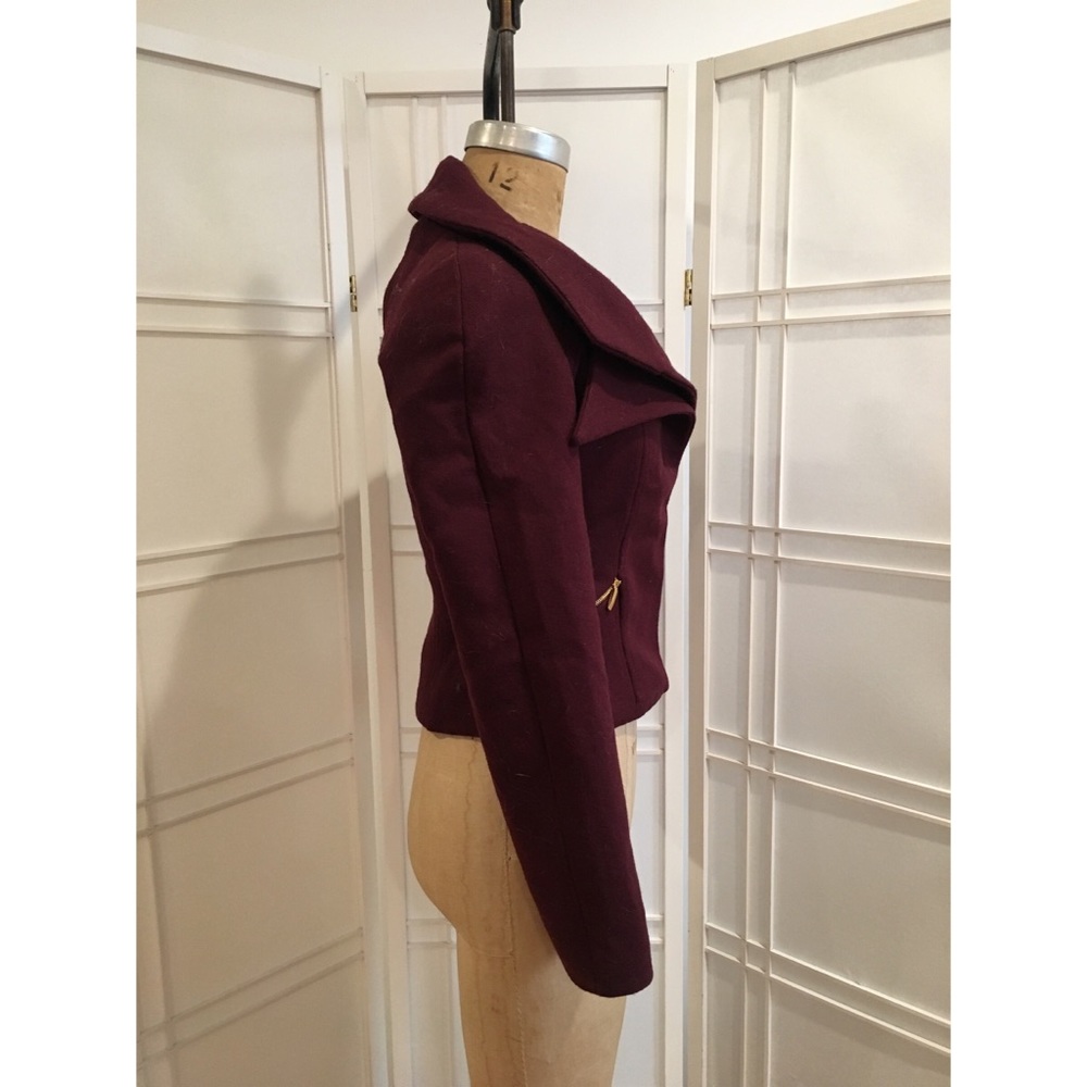 Burgundy wool zip up jacket.